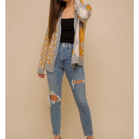 🌞 Open cardigan in mustard and grey pattern - Picture 2 of 8